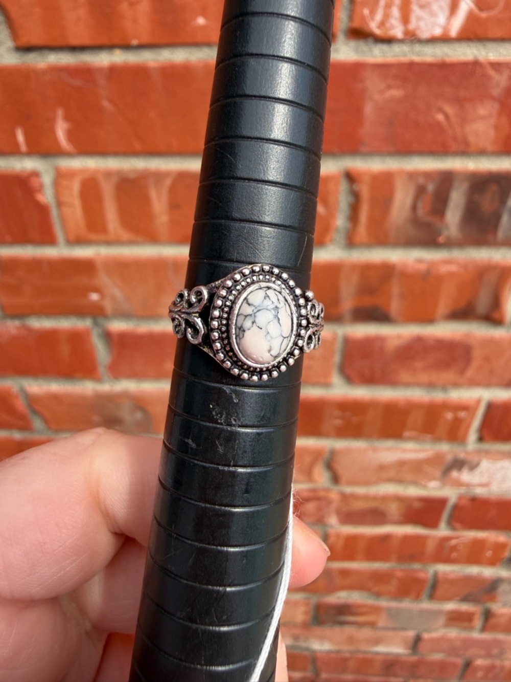 White Oval Stone Silver-Tone Filigree Ring